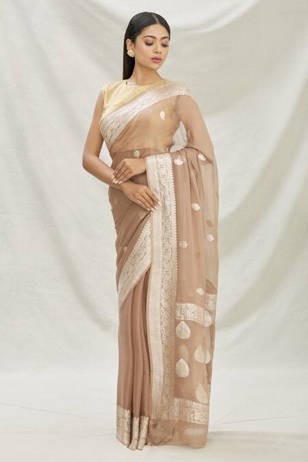 Buy_Pranay Baidya_Brown Georgette, Kadhwa Banarasi Zari Woven Saree _Online_at_Aza_Fashions
