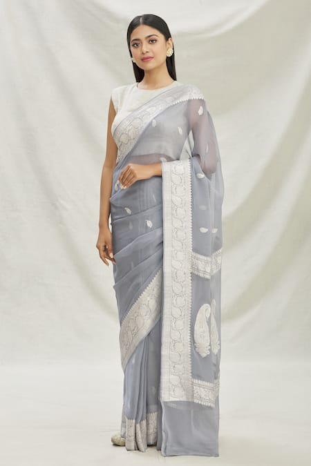Pranay Baidya_Grey Georgette, Kadhwa Banarasi Leaf Motifs, Paisley, Zari Woven Saree _Online_at_Aza_Fashions