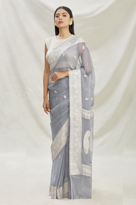 Buy_Pranay Baidya_Grey Georgette, Kadhwa Banarasi Leaf Motifs, Paisley, Zari Woven Saree _Online_at_Aza_Fashions