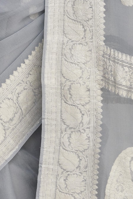 Shop_Pranay Baidya_Grey Georgette, Kadhwa Banarasi Leaf Motifs, Paisley, Zari Woven Saree _Online_at_Aza_Fashions