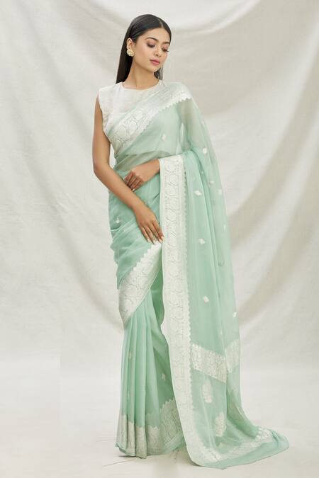 Pranay Baidya Green Georgette, Kadhwa Banarasi Zari Woven Saree Online at Aza Fashions Pranay Baidya_Green Georgette, Kadhwa Banarasi Zari Woven Saree _Online_at_Aza_Fashions