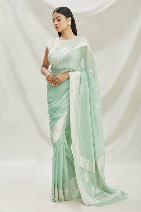 Buy Pranay Baidya Green Georgette, Kadhwa Banarasi Zari Woven Saree Online at Aza Fashions Buy_Pranay Baidya_Green Georgette, Kadhwa Banarasi Zari Woven Saree _Online_at_Aza_Fashions
