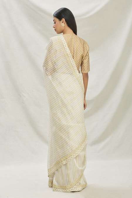 Shop Pranay Baidya White Chanderi Lace Work, Stripes Saree at Aza Fashions Shop_Pranay Baidya_White Chanderi Lace Work, Stripes Saree _at_Aza_Fashions