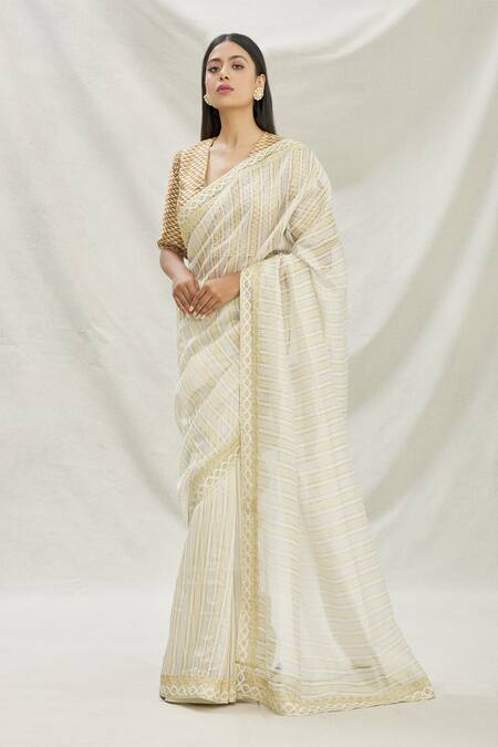Pranay Baidya White Chanderi Lace Work, Stripes Saree Online at Aza Fashions Pranay Baidya_White Chanderi Lace Work, Stripes Saree _Online_at_Aza_Fashions