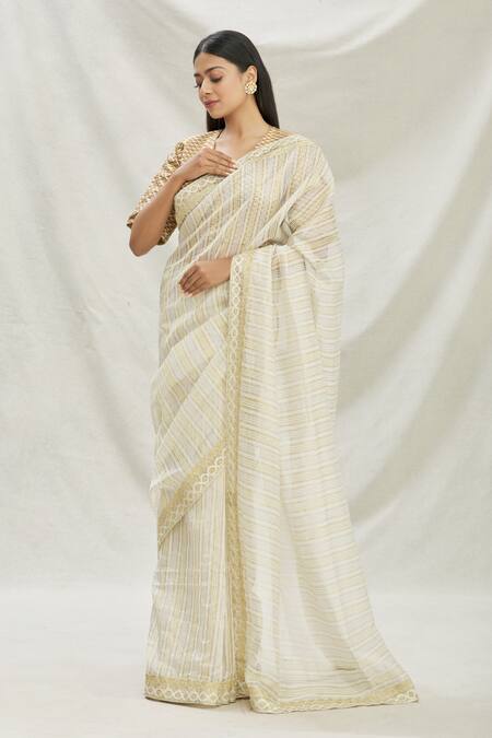 Shop Pranay Baidya White Chanderi Lace Work, Stripes Saree Online at Aza Fashions Shop_Pranay Baidya_White Chanderi Lace Work, Stripes Saree _Online_at_Aza_Fashions