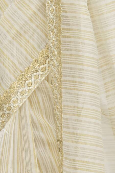 Pranay Baidya White Chanderi Lace Work, Stripes Saree at Aza Fashions Pranay Baidya_White Chanderi Lace Work, Stripes Saree _at_Aza_Fashions