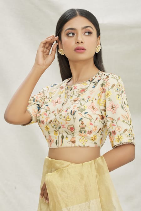 Buy_Pranay Baidya_Yellow Cotton Floral, Geometric Motifs Round Neck Embroidered Blouse _Online_at_Aza_Fashions