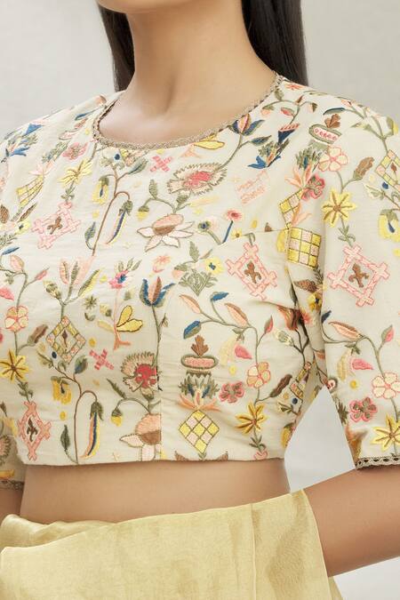 Shop_Pranay Baidya_Yellow Cotton Floral, Geometric Motifs Round Neck Embroidered Blouse _Online_at_Aza_Fashions