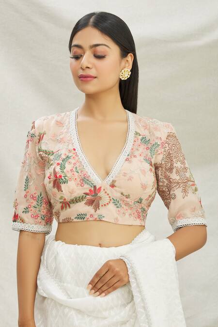Pranay Baidya_Peach Organza Floral Motifs, Lace Work V Neck Embroidered Blouse _Online_at_Aza_Fashions