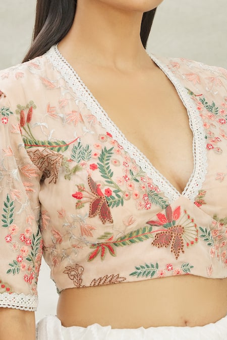 Shop_Pranay Baidya_Peach Organza Floral Motifs, Lace Work V Neck Embroidered Blouse _Online_at_Aza_Fashions
