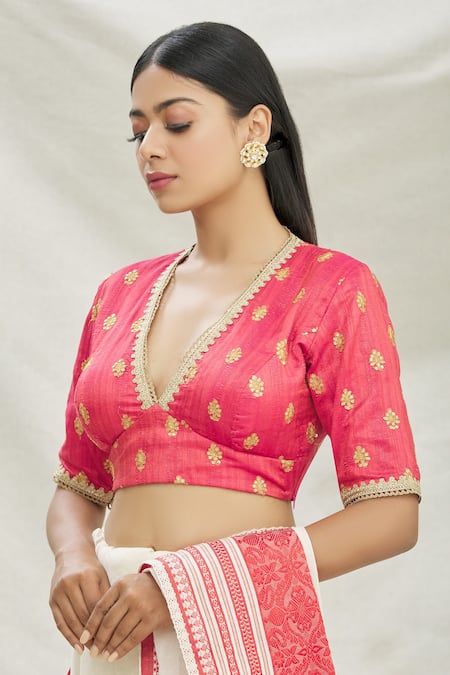 Buy_Pranay Baidya_Pink Dupion Sequin Work V Neck Embroidered Blouse _Online_at_Aza_Fashions