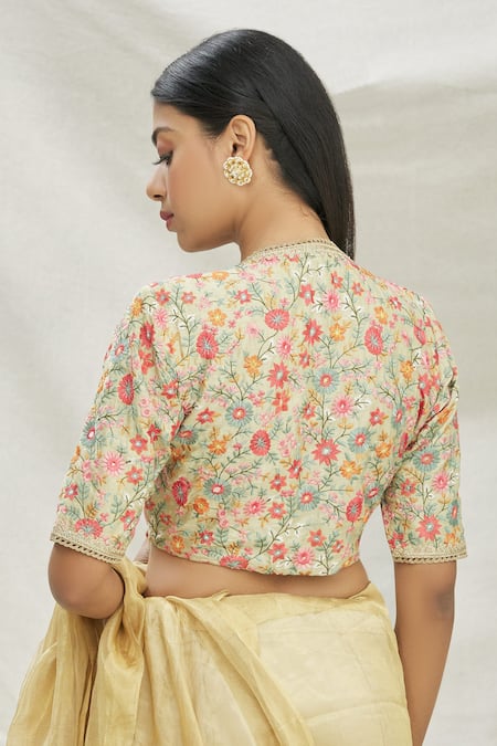 Shop Pranay Baidya Green Dupion Floral Motifs V Neck Embroidered Blouse at Aza Fashions Shop_Pranay Baidya_Green Dupion Floral Motifs V Neck Embroidered Blouse _at_Aza_Fashions