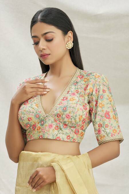 Pranay Baidya Green Dupion Floral Motifs V Neck Embroidered Blouse Online at Aza Fashions Pranay Baidya_Green Dupion Floral Motifs V Neck Embroidered Blouse _Online_at_Aza_Fashions