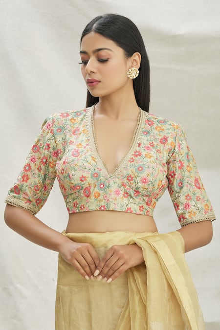 Buy Pranay Baidya Green Dupion Floral Motifs V Neck Embroidered Blouse Online at Aza Fashions Buy_Pranay Baidya_Green Dupion Floral Motifs V Neck Embroidered Blouse _Online_at_Aza_Fashions