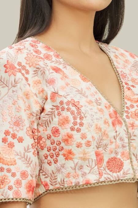 Buy_Pranay Baidya_Peach Dupion Silk Floral Motifs V Neck Embroidered Blouse _Online_at_Aza_Fashions