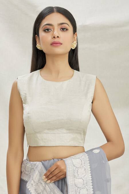 Pranay Baidya_Silver Tissue Round Neck Sleeveless Crop Top _Online_at_Aza_Fashions