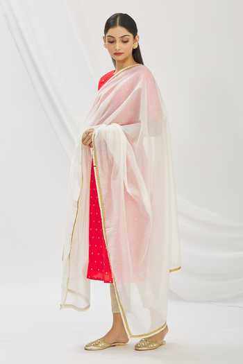 Aryavir Malhotra_White Art Silk Chanderi Embroidered Thread Work Fringe Dupatta_Online_at_Aza_Fashions