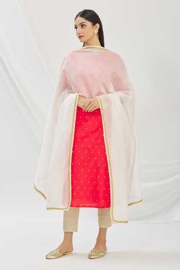 Buy_Aryavir Malhotra_White Art Silk Chanderi Embroidered Thread Work Fringe Dupatta_Online_at_Aza_Fashions