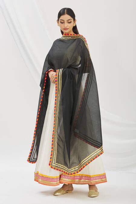 Buy_Aryavir Malhotra_Black Art Silk Chanderi Embroidered Gota Patti Work Tassel Dupatta _Online_at_Aza_Fashions