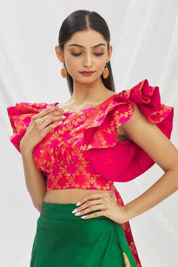 Buy Aryavir Malhotra Pink Ruffle Sleeve Floral Woven Blouse at Aza Fashions Buy_Aryavir Malhotra_Pink Ruffle Sleeve Floral Woven Blouse_at_Aza_Fashions