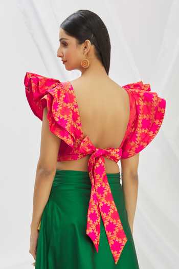 Shop Aryavir Malhotra Pink Ruffle Sleeve Floral Woven Blouse at Aza Fashions Shop_Aryavir Malhotra_Pink Ruffle Sleeve Floral Woven Blouse_at_Aza_Fashions