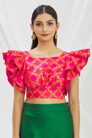 Aryavir Malhotra Pink Ruffle Sleeve Floral Woven Blouse Online at Aza Fashions Aryavir Malhotra_Pink Ruffle Sleeve Floral Woven Blouse_Online_at_Aza_Fashions