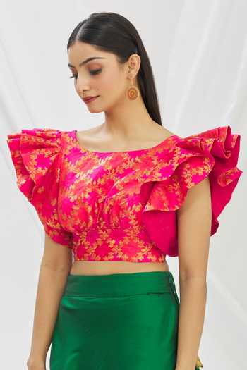 Buy Aryavir Malhotra Pink Ruffle Sleeve Floral Woven Blouse Online at Aza Fashions Buy_Aryavir Malhotra_Pink Ruffle Sleeve Floral Woven Blouse_Online_at_Aza_Fashions