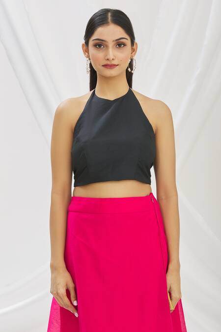 Aryavir Malhotra_Black Taffeta Halter Neck Saree Blouse _Online_at_Aza_Fashions