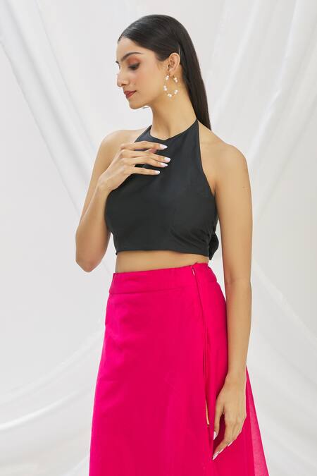 Buy_Aryavir Malhotra_Black Taffeta Halter Neck Saree Blouse _Online_at_Aza_Fashions