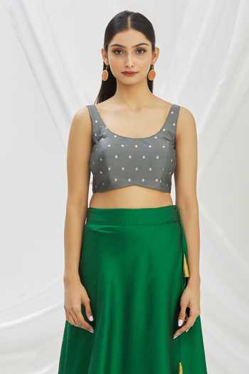 Aryavir Malhotra_Grey Art Silk Zari Work Sleeveless Saree Blouse_Online_at_Aza_Fashions
