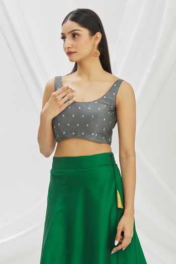 Buy_Aryavir Malhotra_Grey Art Silk Zari Work Sleeveless Saree Blouse_Online_at_Aza_Fashions