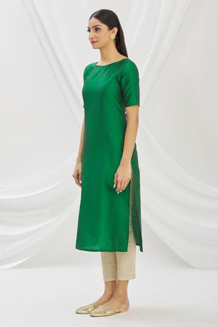 Shop_Aryavir Malhotra_Green Taffeta Round Neck Kurta _Online_at_Aza_Fashions