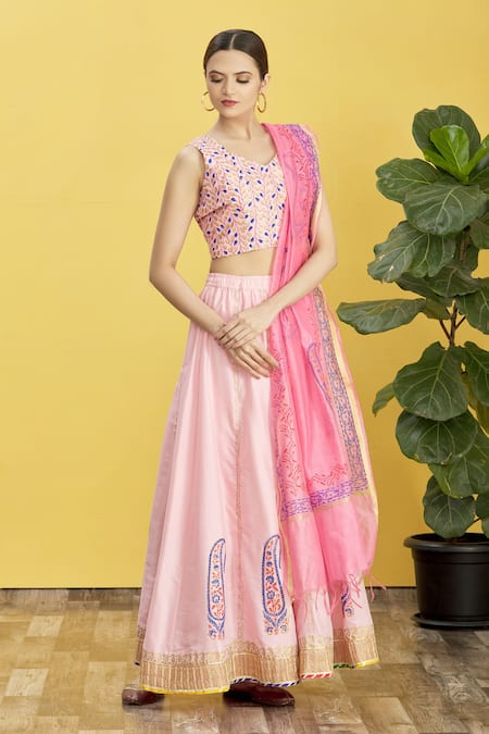 Soft Net Base Peach Color Embroidered Lehenga Choli With Contrast Blouse