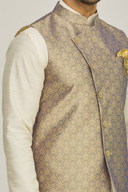 Shop_Arihant Rai Sinha_Beige Jacquard, Silk Embroidery Floral Woven Bundi And Kurta Set_Online_at_Aza_Fashions