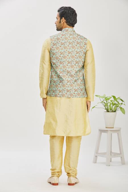 Shop Arihant Rai Sinha Green Brocade, Silk Embroidery Floral Printed Bundi And Kurta Set at Aza Fashions Shop_Arihant Rai Sinha_Green Brocade, Silk Embroidery Floral Printed Bundi And Kurta Set_at_Aza_Fashions