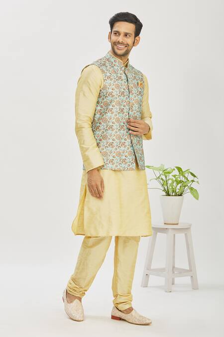 Buy Arihant Rai Sinha Green Brocade, Silk Embroidery Floral Printed Bundi And Kurta Set Online at Aza Fashions Buy_Arihant Rai Sinha_Green Brocade, Silk Embroidery Floral Printed Bundi And Kurta Set_Online_at_Aza_Fashions