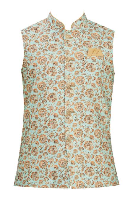 Shop Arihant Rai Sinha Green Brocade, Silk Embroidery Floral Printed Bundi And Kurta Set Online at Aza Fashions Shop_Arihant Rai Sinha_Green Brocade, Silk Embroidery Floral Printed Bundi And Kurta Set_Online_at_Aza_Fashions