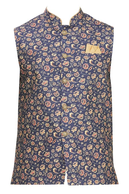 Shop Arihant Rai Sinha Blue Brocade, Silk Embroidery Floral Print Bundi And Kurta Set Online at Aza Fashions Shop_Arihant Rai Sinha_Blue Brocade, Silk Embroidery Floral Print Bundi And Kurta Set _Online_at_Aza_Fashions