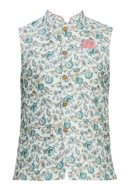 Shop Arihant Rai Sinha Green Silk Patchwork Floral Printed Bundi Kurta Set Online at Aza Fashions Shop_Arihant Rai Sinha_Green Silk Patchwork Floral Printed Bundi Kurta Set _Online_at_Aza_Fashions