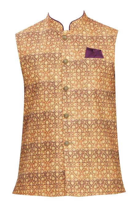 Buy_Arihant Rai Sinha_Beige Silk Embroidery Floral Printed Bundi _Online_at_Aza_Fashions