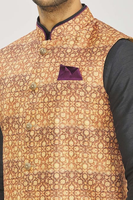 Shop_Arihant Rai Sinha_Beige Silk Embroidery Floral Printed Bundi _Online_at_Aza_Fashions