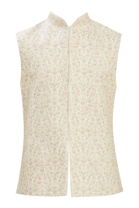 Buy_Vanshik_Beige Bundi  Kurta And Churidar Blended Floral Embroidered & Set _Online_at_Aza_Fashions