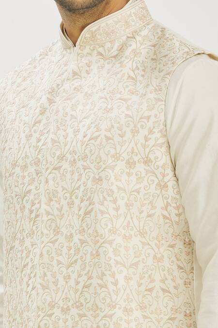 Shop_Vanshik_Beige Bundi  Kurta And Churidar Blended Floral Embroidered & Set _Online_at_Aza_Fashions