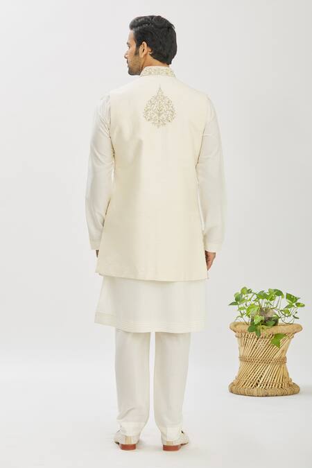 Shop_Vanshik_Beige Bundi Raw  Kurta And Churidar Blended Longline & Set _at_Aza_Fashions