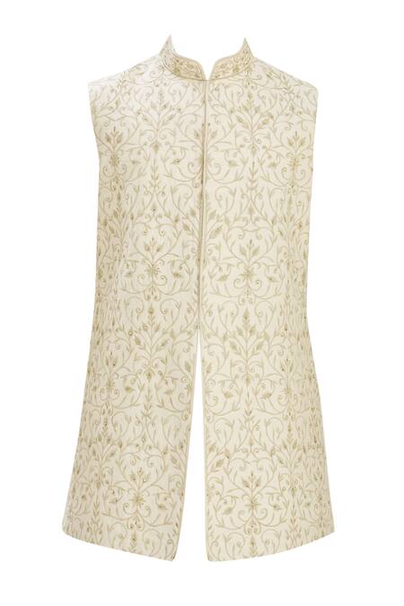 Buy_Vanshik_Beige Bundi Raw  Kurta And Churidar Blended Longline & Set _Online_at_Aza_Fashions