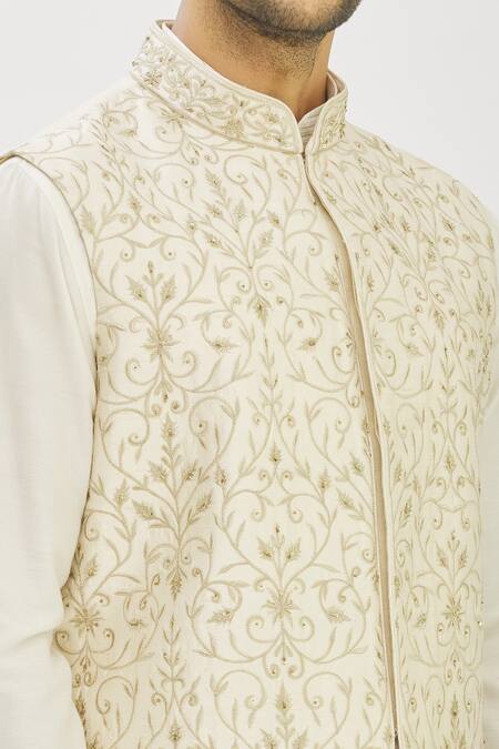 Shop_Vanshik_Beige Bundi Raw  Kurta And Churidar Blended Longline & Set _Online_at_Aza_Fashions