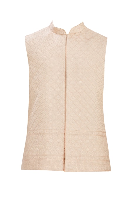 Buy_Vanshik_Peach Bundi Satin Kurta And Churidar Blended Silk Floral Jaal & Set _Online_at_Aza_Fashions