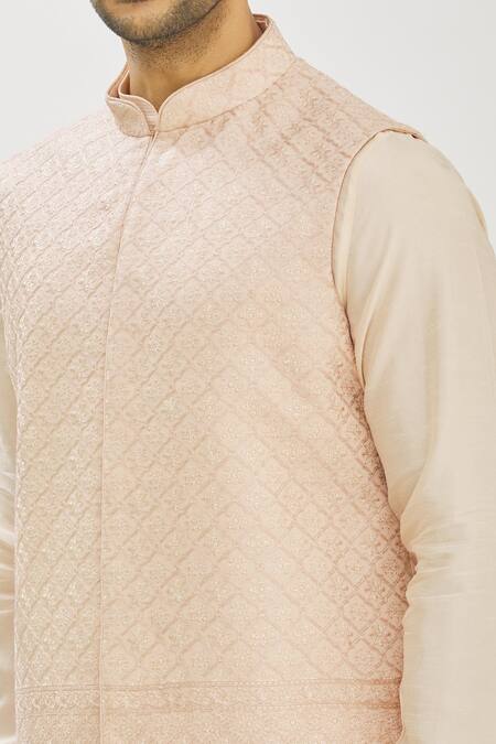 Shop_Vanshik_Peach Bundi Satin Kurta And Churidar Blended Silk Floral Jaal & Set _Online_at_Aza_Fashions