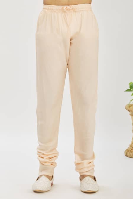 Vanshik_Peach Bundi Satin Kurta And Churidar Blended Silk Floral Jaal & Set _at_Aza_Fashions