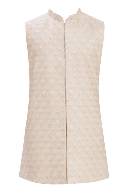 Buy_Vanshik_Pink Blended Silk Floral Motif Embroidered Longline Bundi And Kurta Set _Online_at_Aza_Fashions